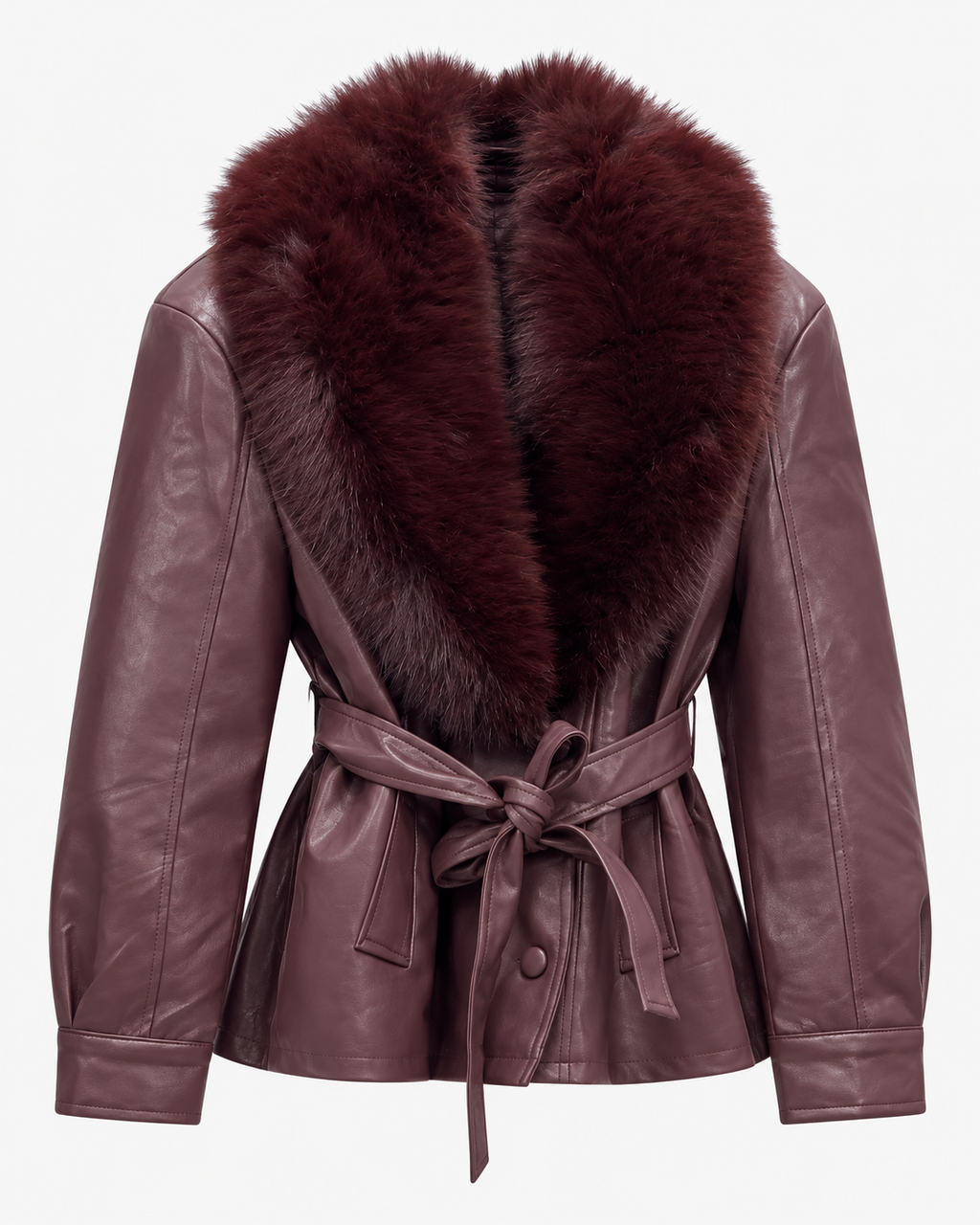 Veste ceinturée effet cuir avec col en fourrure