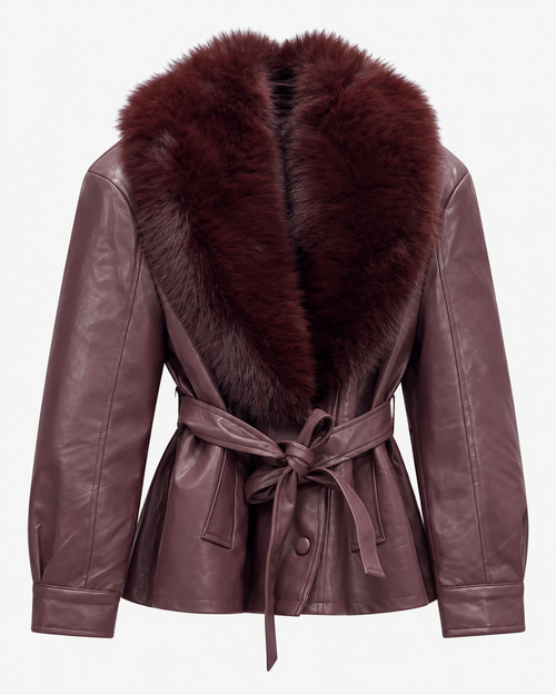 Veste ceinturée effet cuir avec col en fourrure