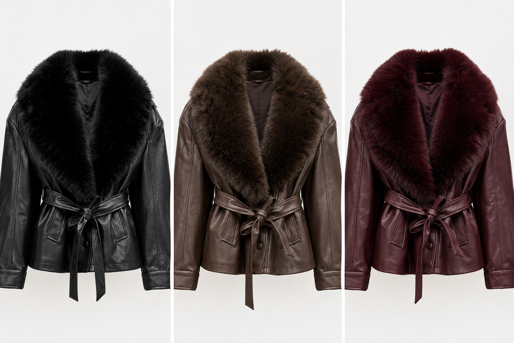 Veste ceinturée effet cuir avec col en fourrure