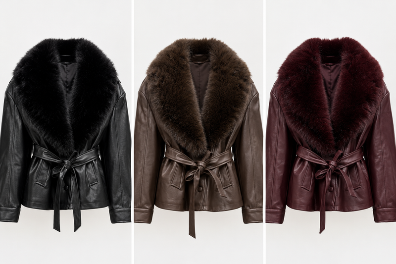 Veste ceinturée effet cuir avec col en fourrure