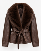 Veste ceinturée effet cuir avec col en fourrure