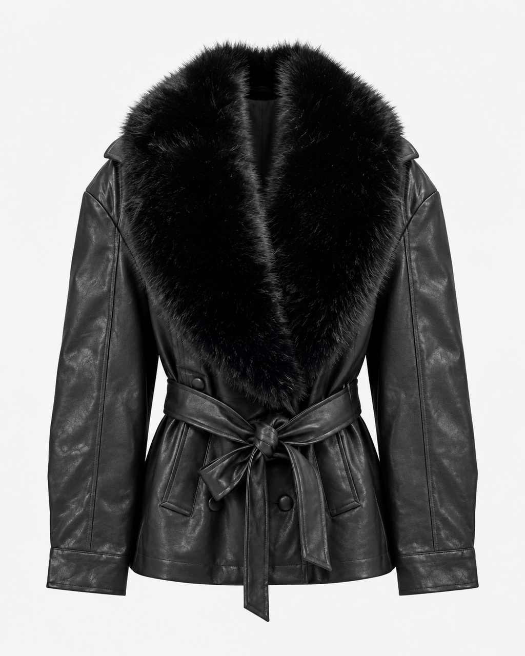 Veste ceinturée effet cuir avec col en fourrure